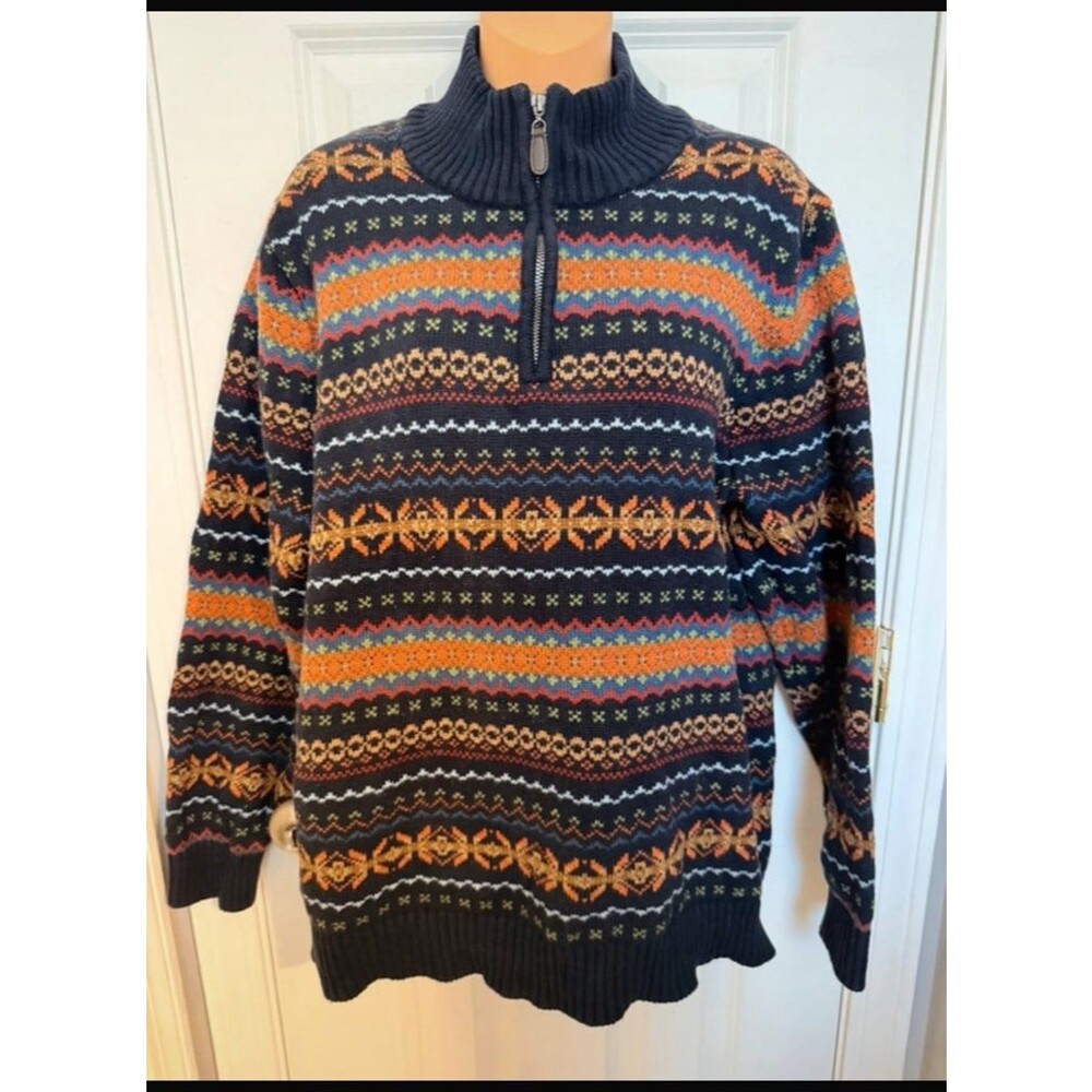 Vtg LL Bean 1/4 Zip Sweater Men's Large Fair Isle 100% Cotton Chunky Heavyweight